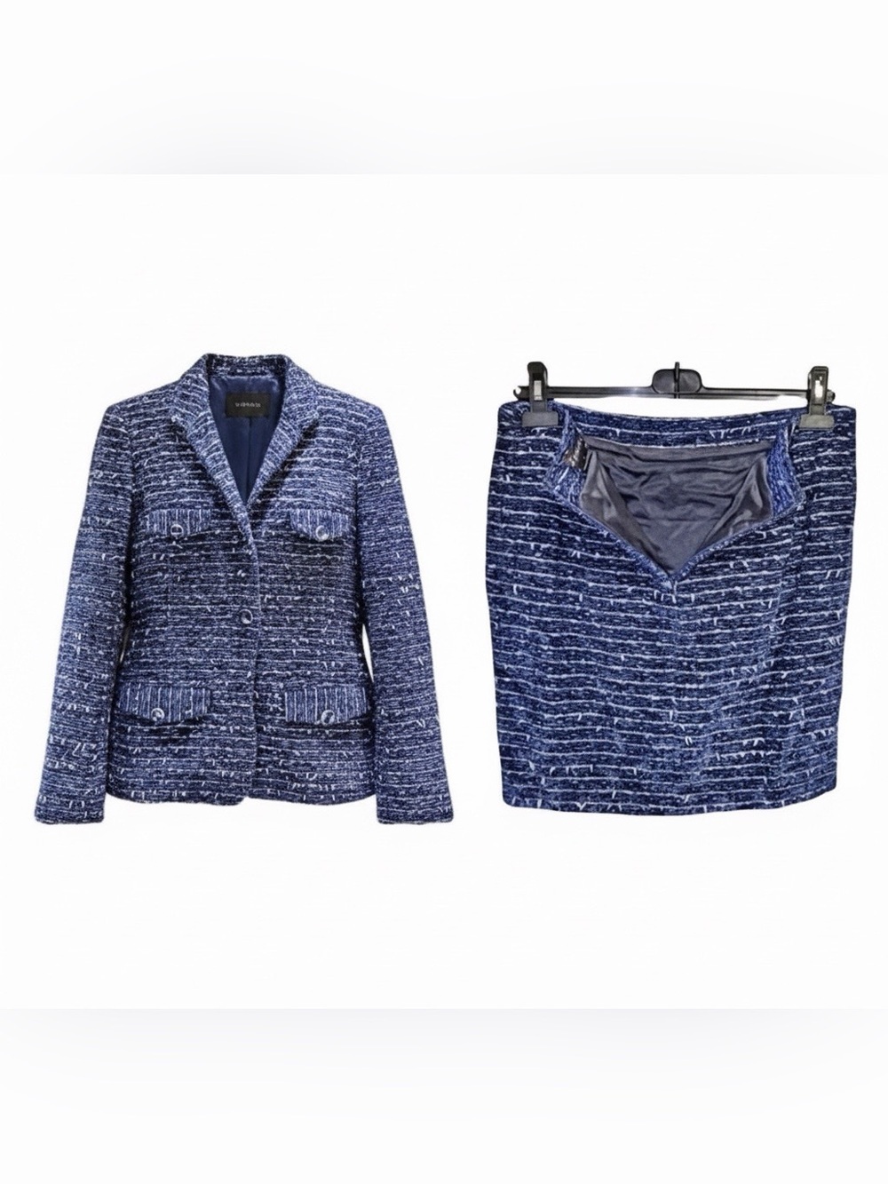 Zenobia Blue Tweed Suit | Chanel-Inspired Textured Blazer & Skirt | Like-New | 8 - Picture 14 of 15